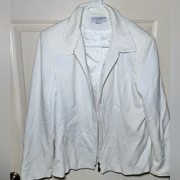 Vintage White Sag Harbor Women’s Stretch Zip Up Blazer Jacket Petite L/XL - Picture 1 of 4